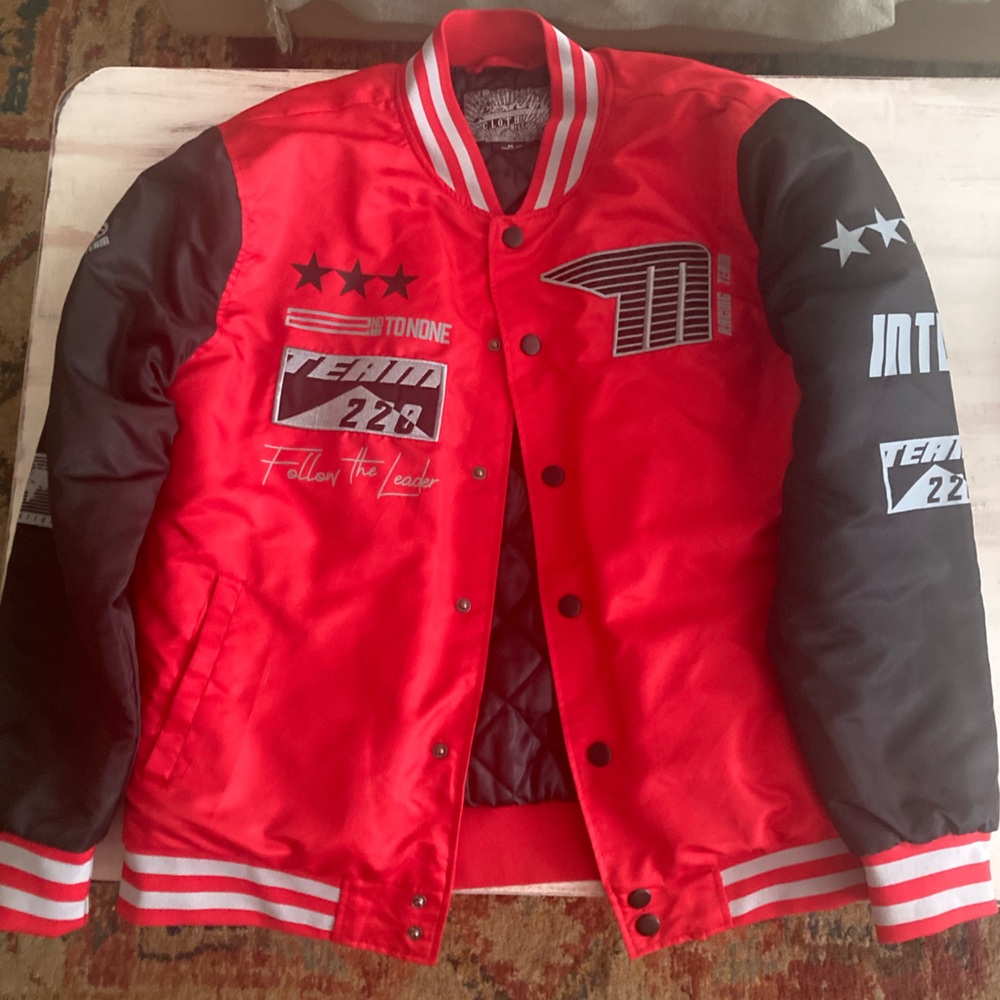Men’s Medium Red and Black Bomber Jacket International Racing Great Condition